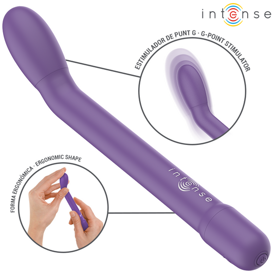 Close-up do INTENSE FUN Estimulador de Ponto G Recarregável Karlie Roxo, mostrando seu design ergonómico e cor vibrante.