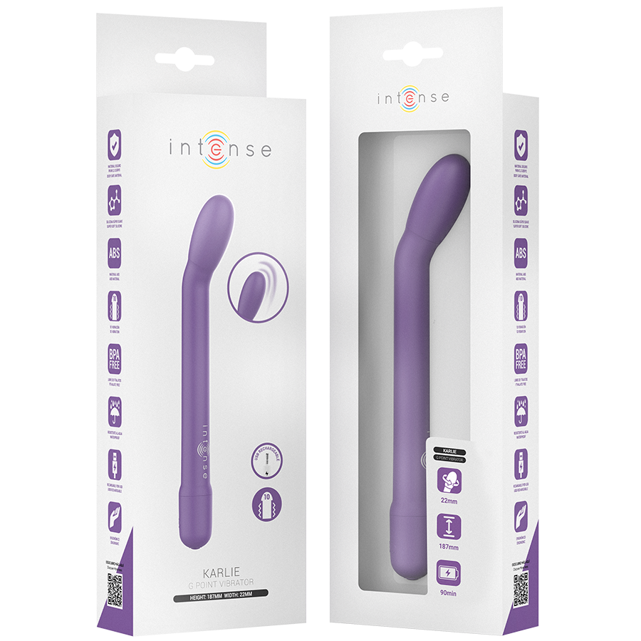 Close-up do INTENSE FUN Estimulador de Ponto G Recarregável Karlie Roxo, mostrando seu design ergonómico e cor vibrante.
