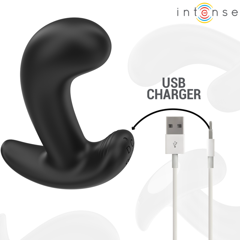 Close-up of the INTENSE Chandler Plug Anal Vibratório showing its black silicone texture and remote control.