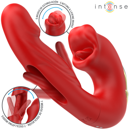 INTENSE Vibrador Duplo NATHY com boca estimulante multifunções vermelha, mostrando seu design ergonômico e silicone macio.