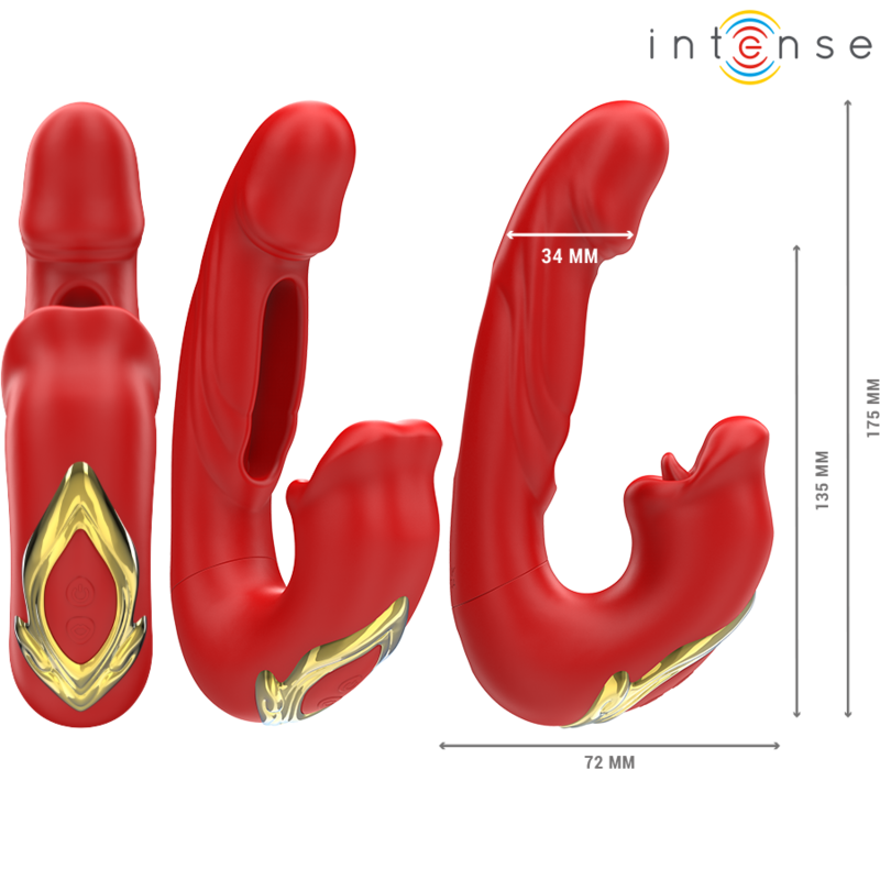 INTENSE Vibrador Duplo NATHY com boca estimulante multifunções vermelha, mostrando seu design ergonômico e silicone macio.