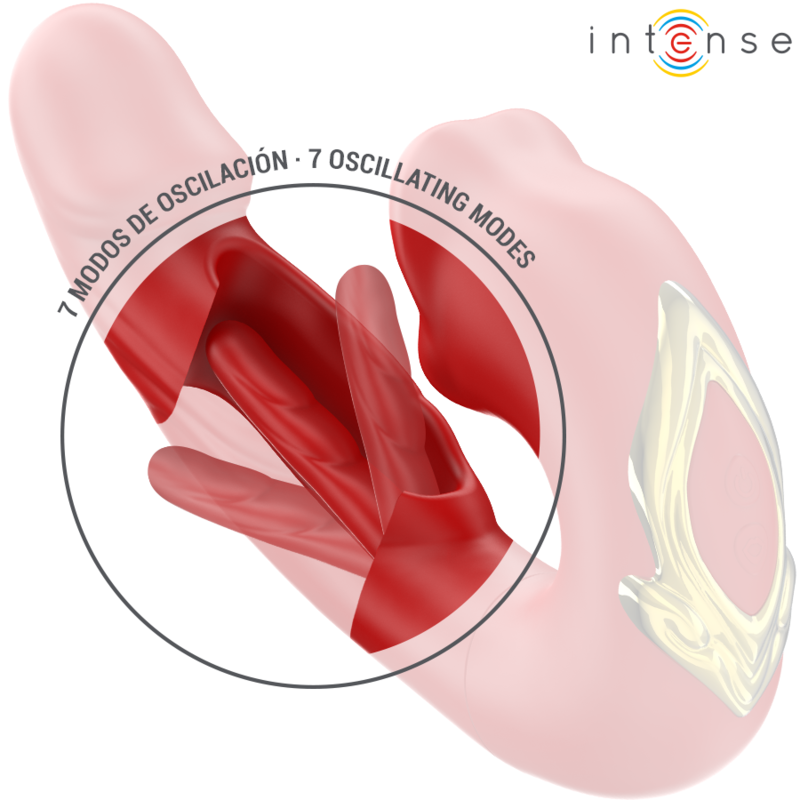 INTENSE Vibrador Duplo NATHY com boca estimulante multifunções vermelha, mostrando seu design ergonômico e silicone macio.