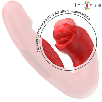 INTENSE Vibrador Duplo NATHY com boca estimulante multifunções vermelha, mostrando seu design ergonômico e silicone macio.