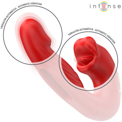 INTENSE Vibrador Duplo NATHY com boca estimulante multifunções vermelha, mostrando seu design ergonômico e silicone macio.