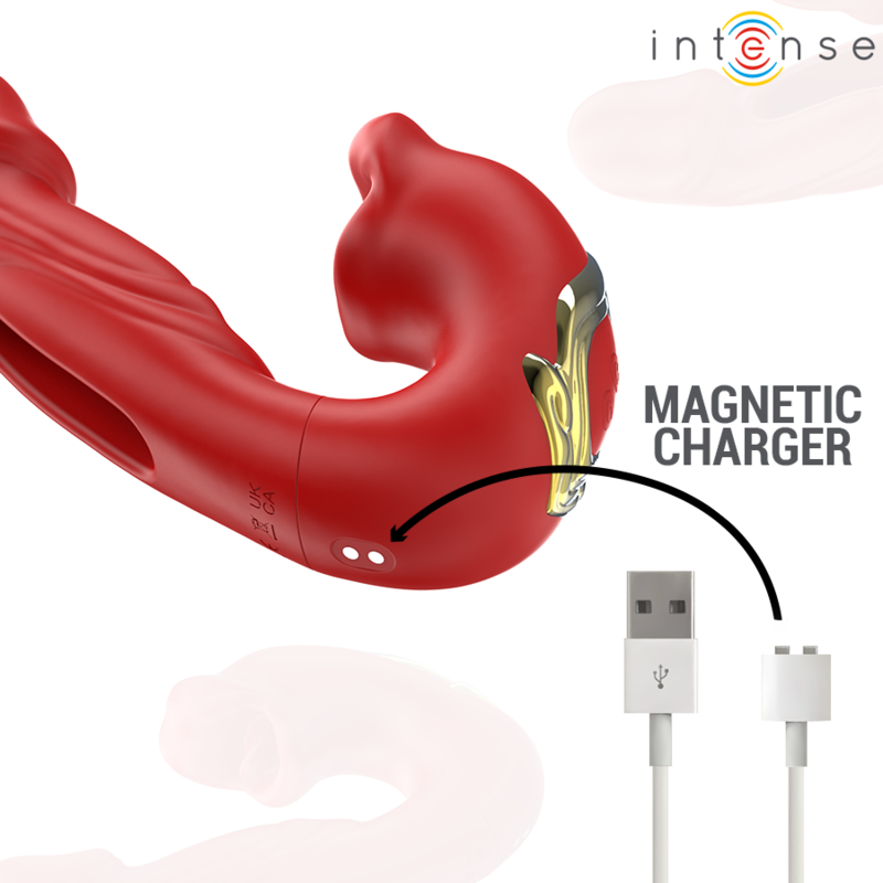 INTENSE Vibrador Duplo NATHY com boca estimulante multifunções vermelha, mostrando seu design ergonômico e silicone macio.