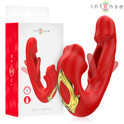 INTENSE Vibrador Duplo NATHY com boca estimulante multifunções vermelha, mostrando seu design ergonômico e silicone macio.