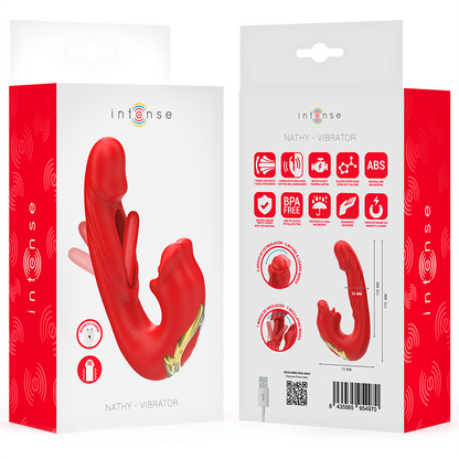 INTENSE Vibrador Duplo NATHY com boca estimulante multifunções vermelha, mostrando seu design ergonômico e silicone macio.