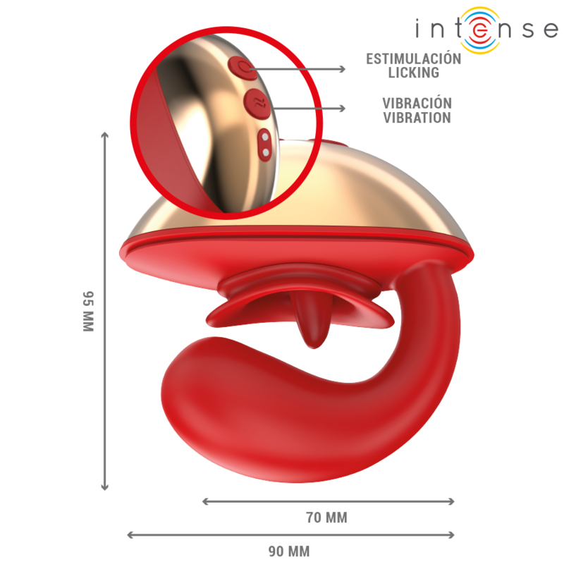 Close-up do vibrador e estimulador INTENSE Mariah em formato U, vermelho, feito de silicone macio.