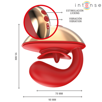 Close-up do vibrador e estimulador INTENSE Mariah em formato U, vermelho, feito de silicone macio.