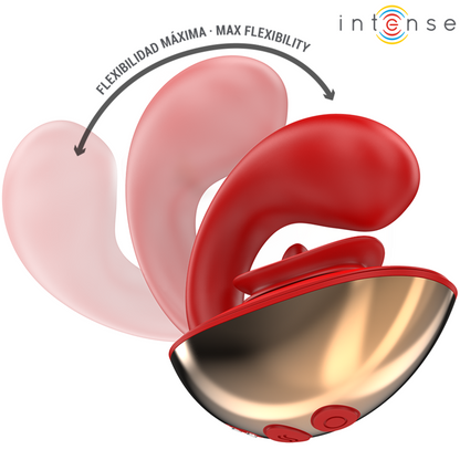 Close-up do vibrador e estimulador INTENSE Mariah em formato U, vermelho, feito de silicone macio.
