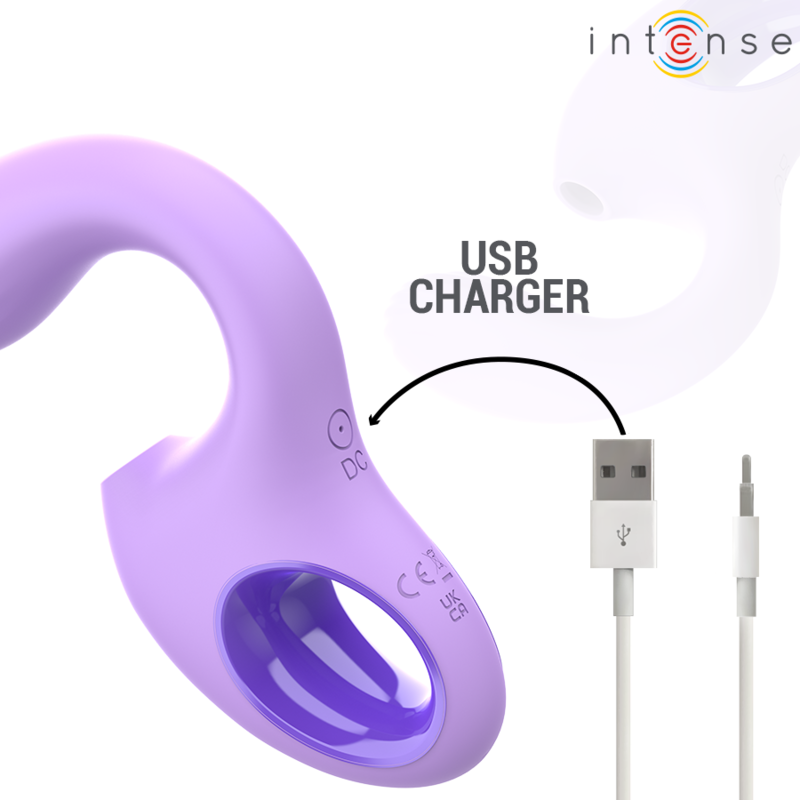 Close-up do Vibrador e Estimulador Intense Baxter Violet, destacando seu design ergonômico, material de silicone e cor violeta vibrante.
