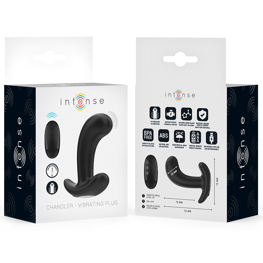 Close-up of the INTENSE Chandler Plug Anal Vibratório showing its black silicone texture and remote control.