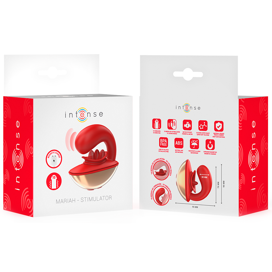 Close-up do vibrador e estimulador INTENSE Mariah em formato U, vermelho, feito de silicone macio.