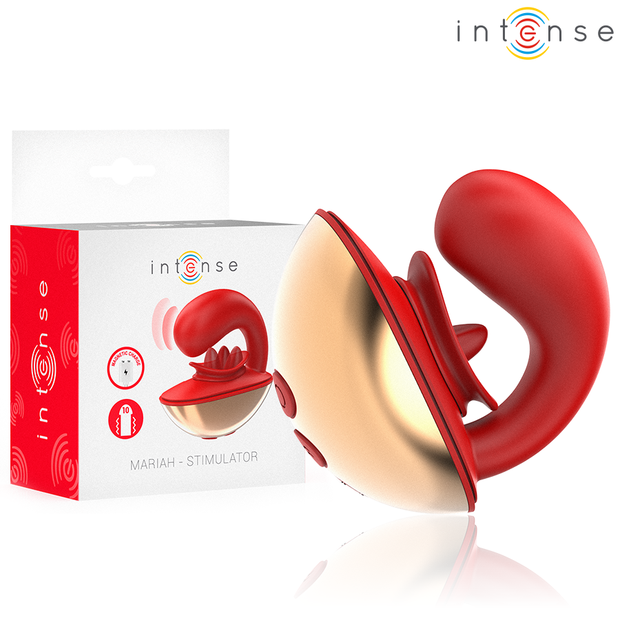 Close-up do vibrador e estimulador INTENSE Mariah em formato U, vermelho, feito de silicone macio.