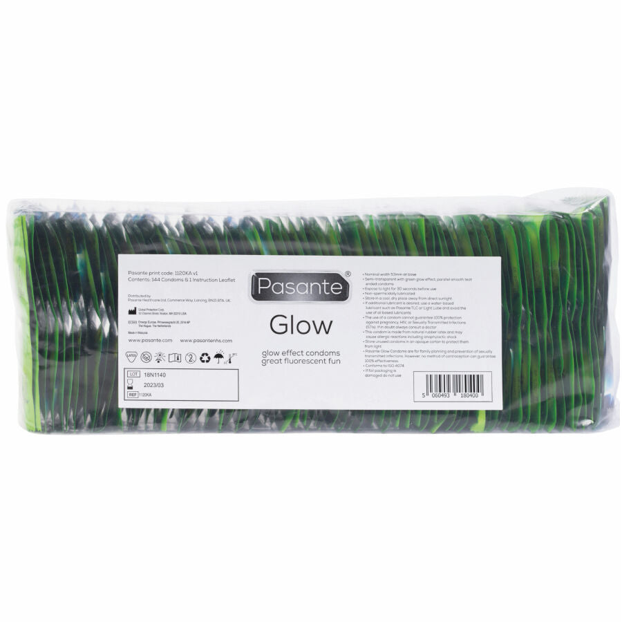 Preservativos PASANTE Glow que brilham no escuro, pack com 144 unidades para sexo seguro e divertido.