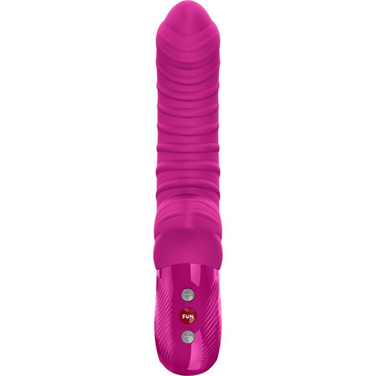 Close-up do vibrador FUN FACTORY TIGER Ponto G Magenta com textura realista e design ergonómico.