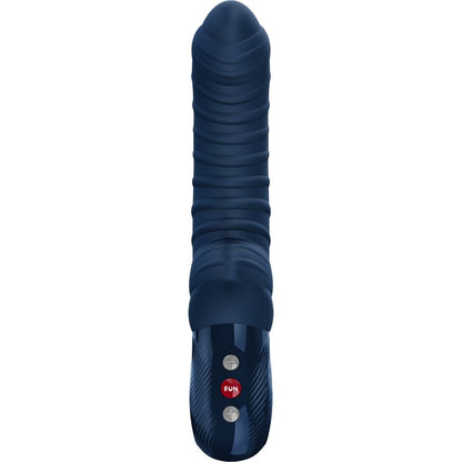 Detalhe do vibrador FUN FACTORY Tiger Ponto G Azul-Noite com sua textura e formato ergonômico.