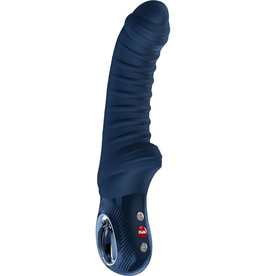Detalhe do vibrador FUN FACTORY Tiger Ponto G Azul-Noite com sua textura e formato ergonômico.