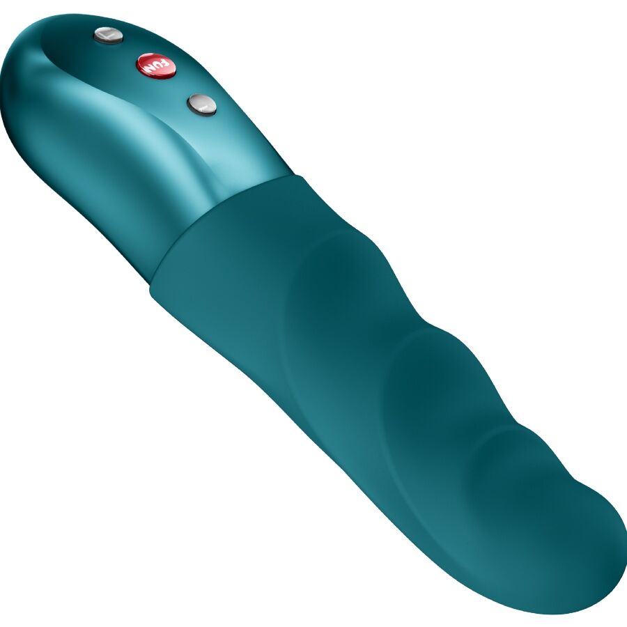 Pulsador ergonómico FUN FACTORY Stronic Petite de cor verde-garrafa, mostrando o seu design e textura.
