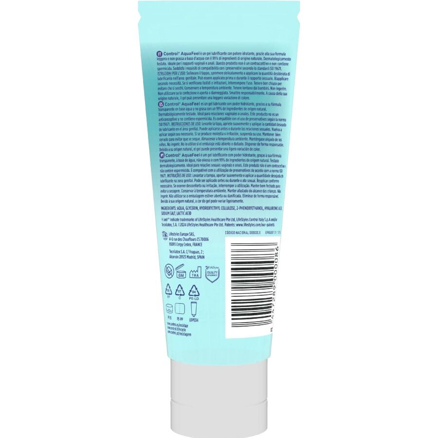 Frasco de CONTROL Lubrificante AquaFeel com Ácido Hialurônico 80ml, mostrando sua textura suave e transparente.