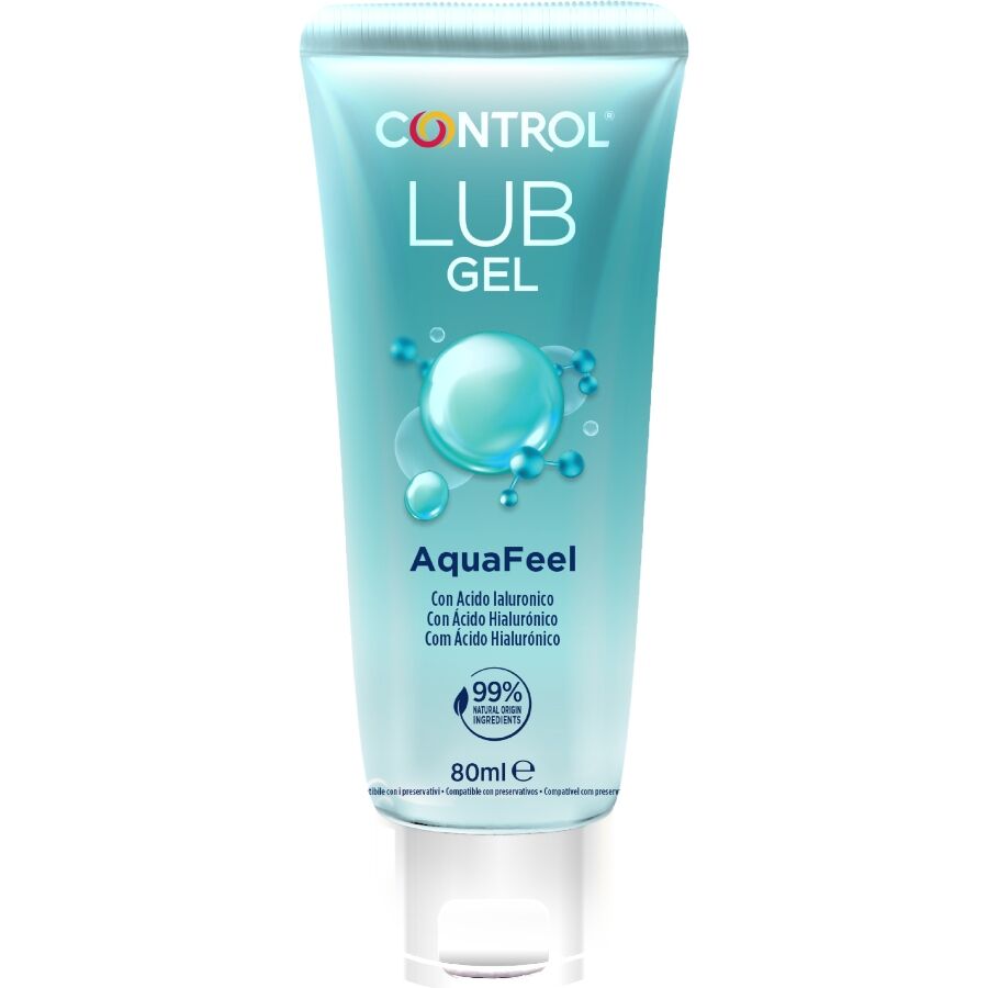 Frasco de CONTROL Lubrificante AquaFeel com Ácido Hialurônico 80ml, mostrando sua textura suave e transparente.