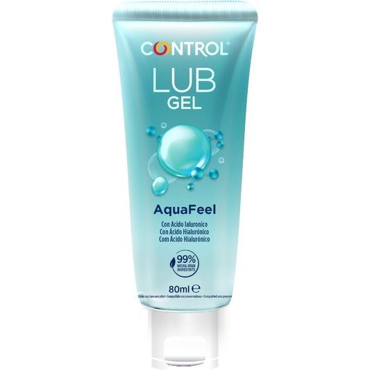 Frasco de CONTROL Lubrificante AquaFeel com Ácido Hialurônico 80ml, mostrando sua textura suave e transparente.