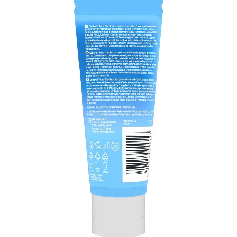 CONTROL Lubrificante Pure Comfort 80ml para hidratação intensa e conforto íntimo.