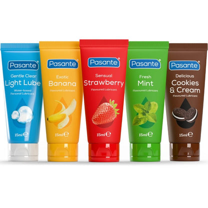 Pack de Lubrificantes Pasante Sabores Sortidos 5x15ml, com os diferentes tubos coloridos e indicativos de sabor.