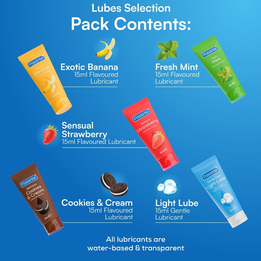 Pack de Lubrificantes Pasante Sabores Sortidos 5x15ml, com os diferentes tubos coloridos e indicativos de sabor.