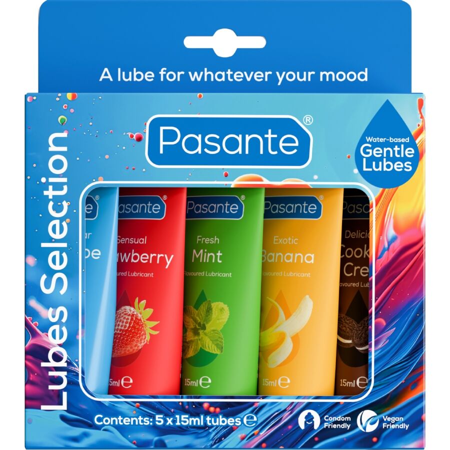 Pack de Lubrificantes Pasante Sabores Sortidos 5x15ml, com os diferentes tubos coloridos e indicativos de sabor.