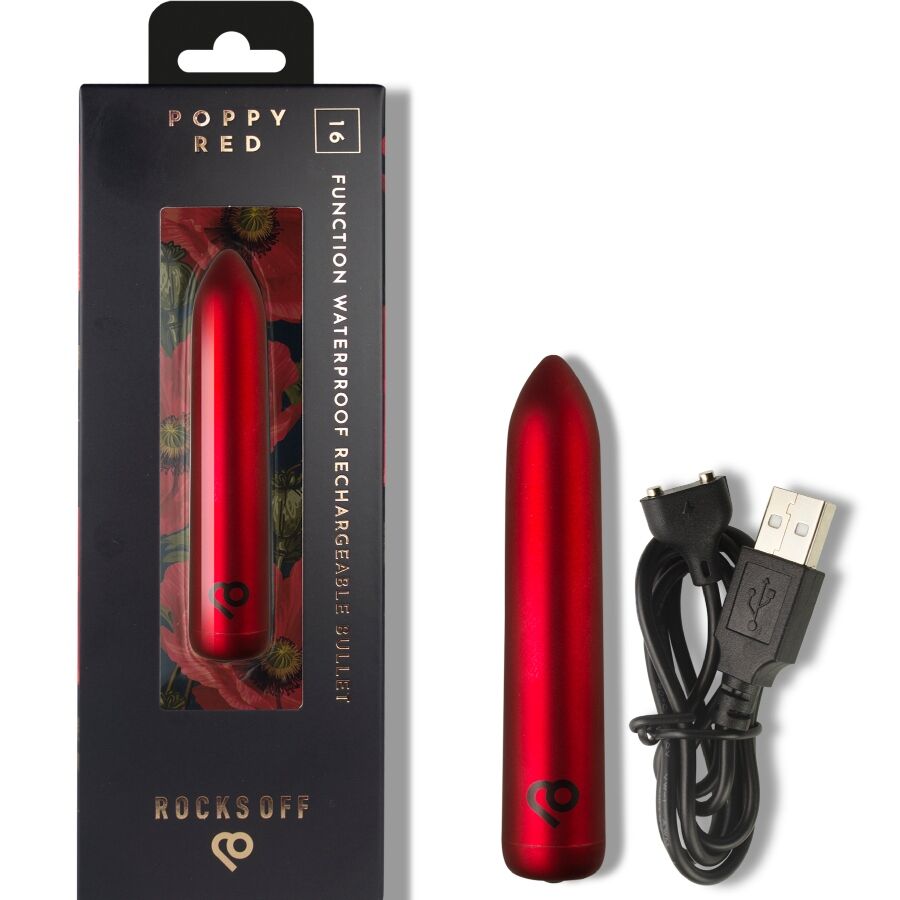 Rocks-Off Bala Vibratória Recarregável Poppy Vermelha, vibrador compacto e discreto para prazer intenso.