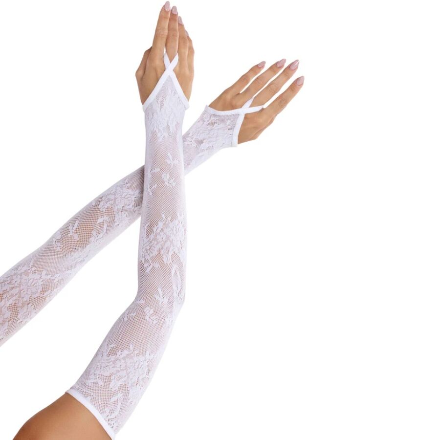 Close-up das Luvas Extra Longas com Renda Floral Brancas LEG AVENUE, mostrando a textura da renda e o comprimento.