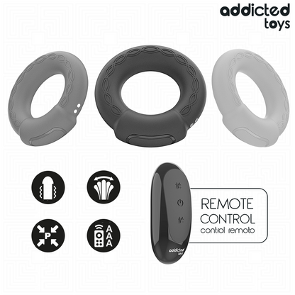 Anel peniano vibrante Addicted Toys com efeito de aquecimento e controle remoto para prazer de casais.