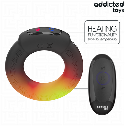 Anel peniano vibrante Addicted Toys com efeito de aquecimento e controle remoto para prazer de casais.