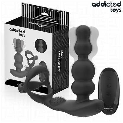 Close-up do Addicted Toys Massageador de Próstata Rotativo, destacando seu design ergonômico e controle remoto.