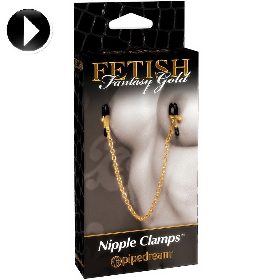 Detalhe das Pinças de Mamilos Ajustáveis FETISH FANTASY GOLD com corrente, destacando os clipes e borracha protetora.