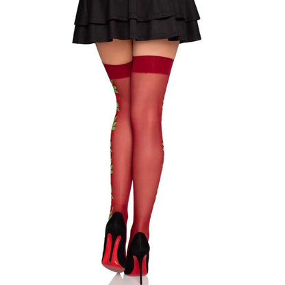 LEG AVENUE - MEDIAS DE LIGA CON FLORES ROJAS 1957 - TALLA ÚNICA