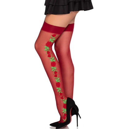LEG AVENUE - MEDIAS DE LIGA CON FLORES ROJAS 1957 - TALLA ÚNICA