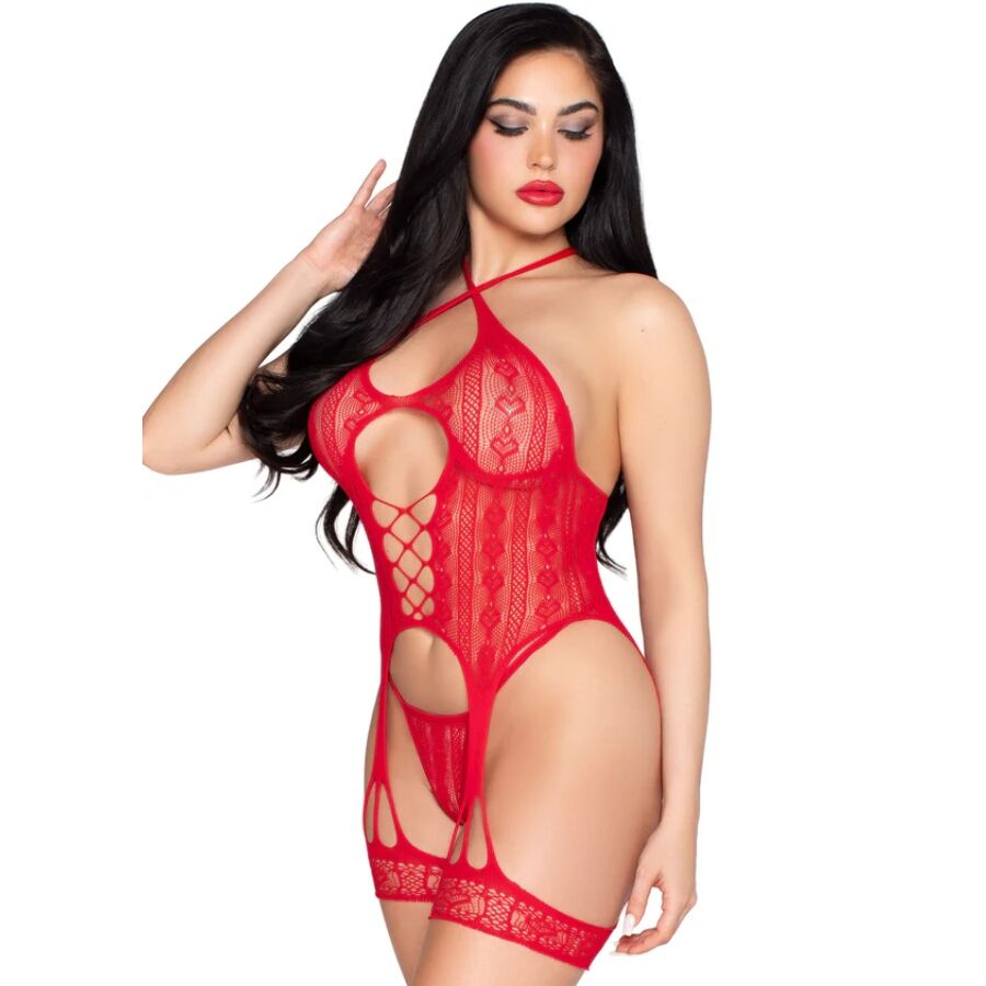 LEG AVENUE Body Aberto de Renda Vermelha com Cinta-Liga e Tanga