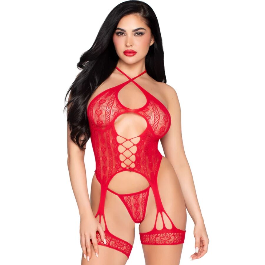 LEG AVENUE Body Aberto de Renda Vermelha com Cinta-Liga e Tanga