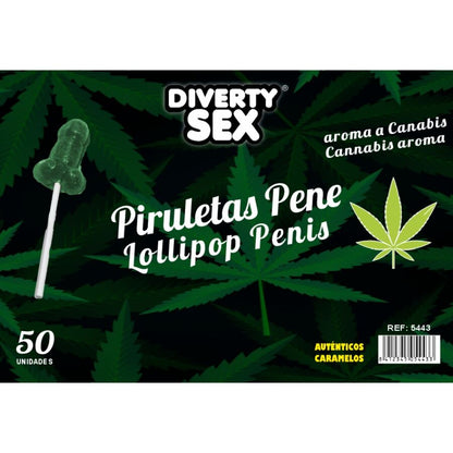 Piruletas con Forma de Pene con Aroma a Cannabis - Bote de 50 Unidades