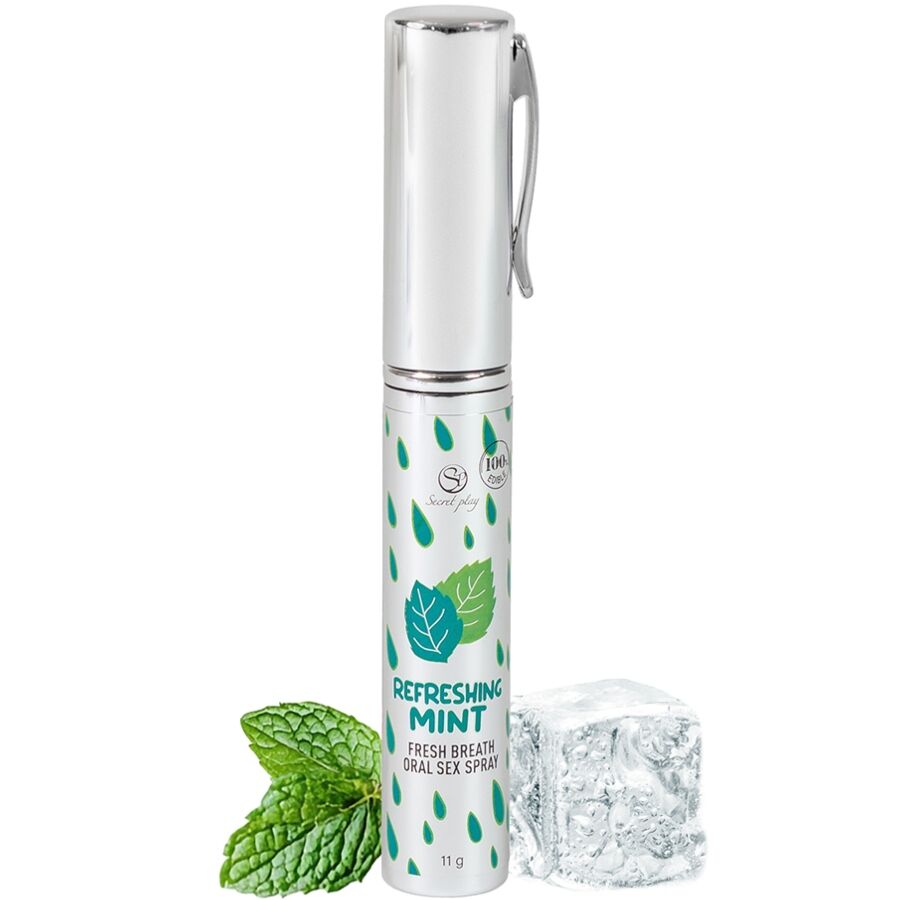 Spray refrescante de hortelã SECRETPLAY para hálito fresco e sexo oral, mostrando o frasco e a aplicação.
