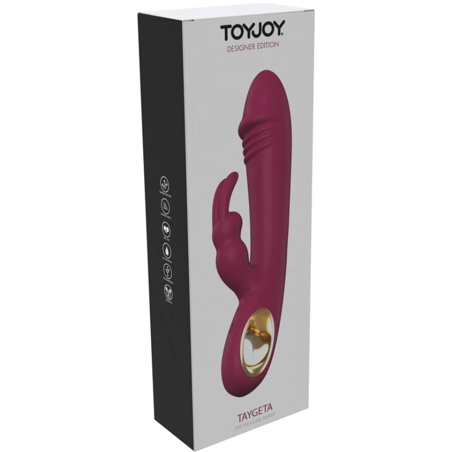 Close-up do Vibrador Coelho TOYJOY Taygeta, destacando seu design ergonómico e estimuladores duplos.