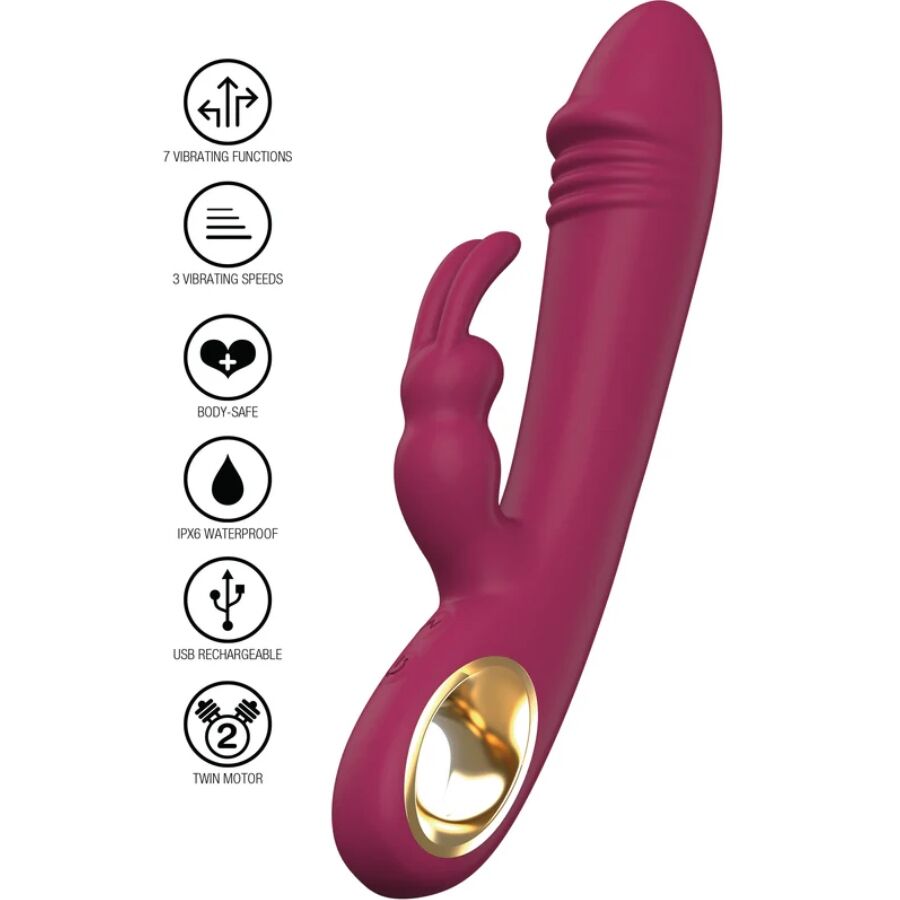 Close-up do Vibrador Coelho TOYJOY Taygeta, destacando seu design ergonómico e estimuladores duplos.