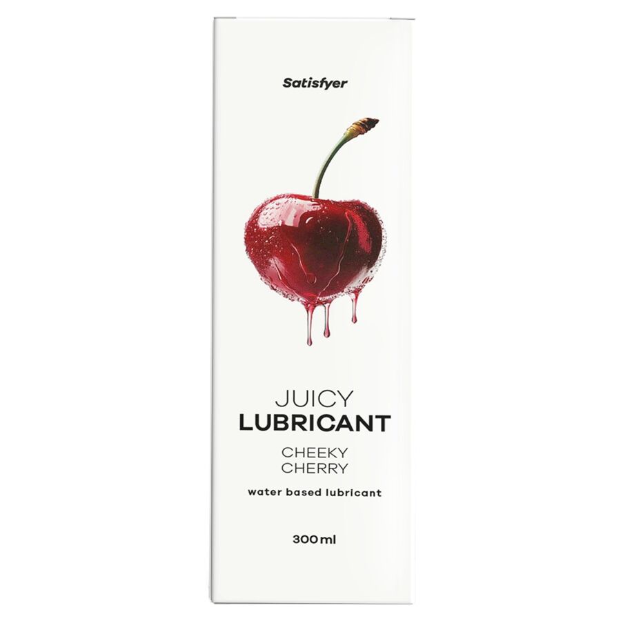Satisfyer Lubrificante à Base de Água Juicy Cheeky Cherry 300ml, com embalagem e destaque para o aroma frutado de cereja.