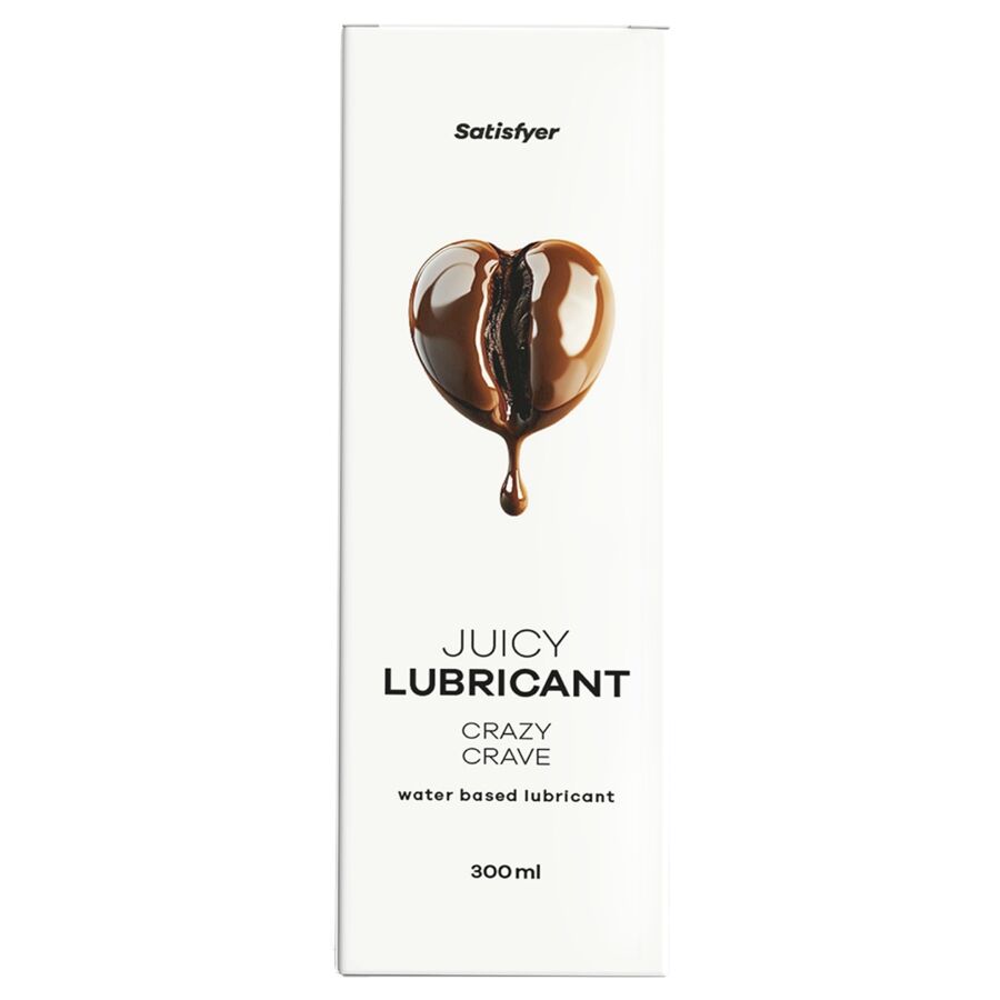 Detalhe do Lubrificante Satisfyer Juicy Crazy Crave Café 300 ML, mostrando a embalagem e a textura do gel.