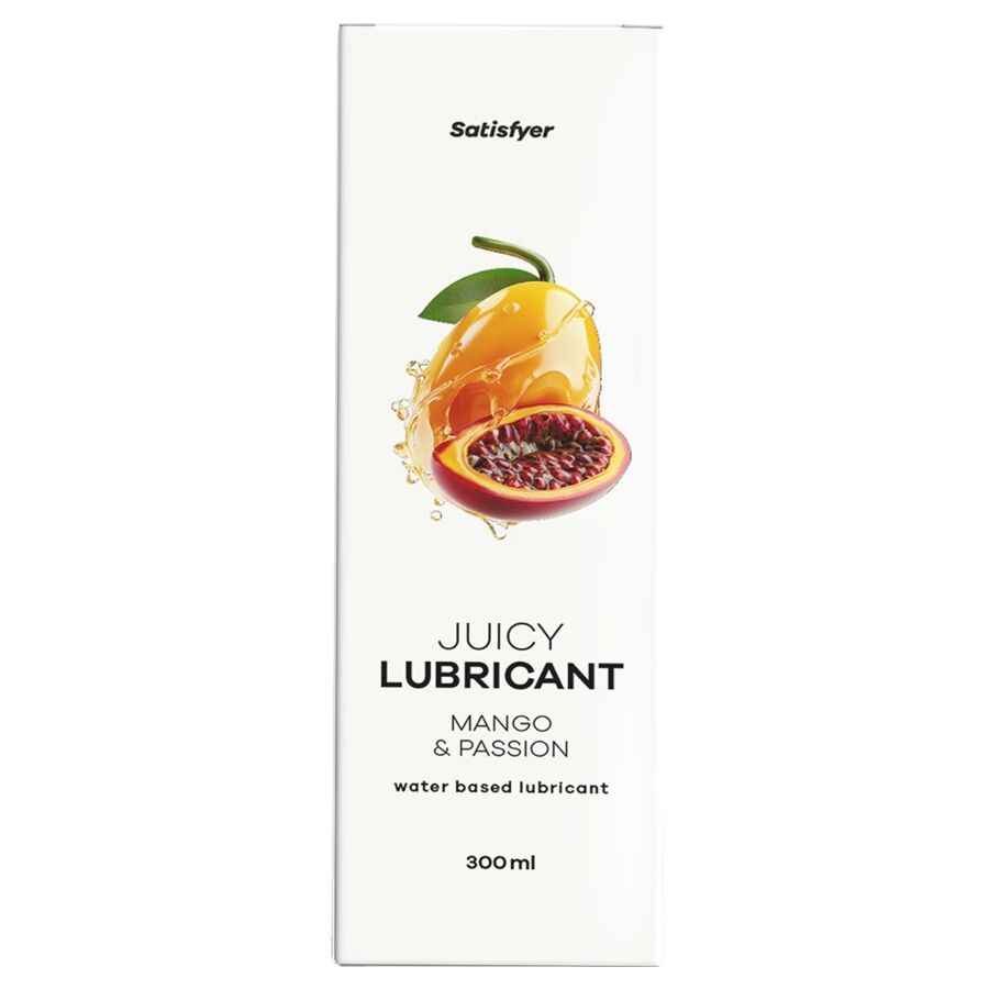 Frasco de lubrificante Satisfyer com sabor manga e maracujá, 300ml, exibindo a embalagem com design tropical.
