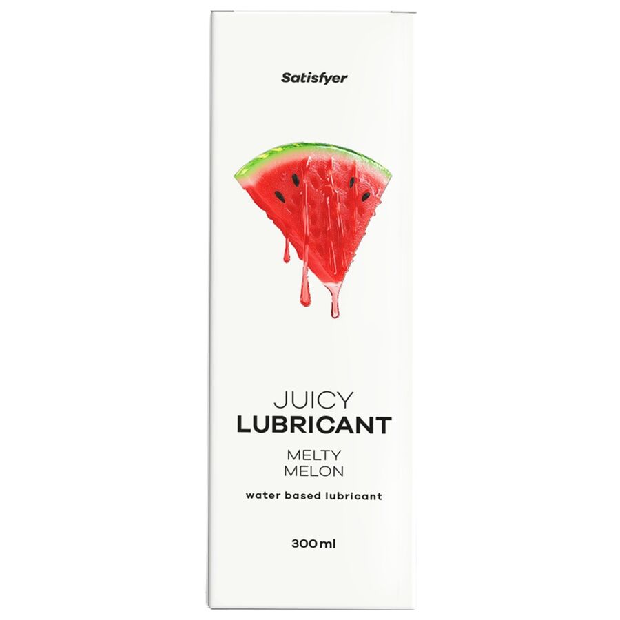 Embalagem do Lubrificante Satisfyer Juicy à Base de Água Melty Melon 300 ml, destacando o design e a essência frutado.