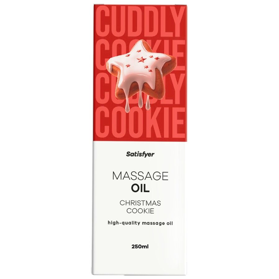 Frasco do Óleo de Massagem Satisfyer Christmas Cookie 250 ML com aroma de biscoito de Natal para massagens sensuais.