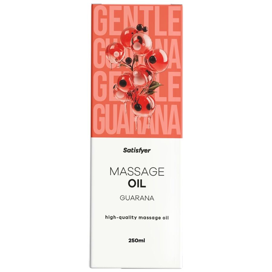 Frasco de Óleo de Massagem Satisfyer Guaraná 250 ML, mostrando a embalagem e a cor do óleo.